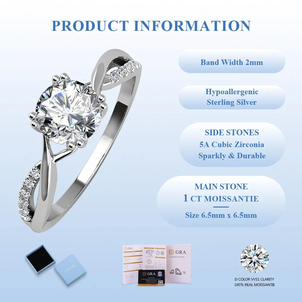 

1CT 4-Prong Petite Twisted Vine Moissanite Ring Halo Engagement Band Ring for Women Promise Bridal Jewelry Round Cut VVS1