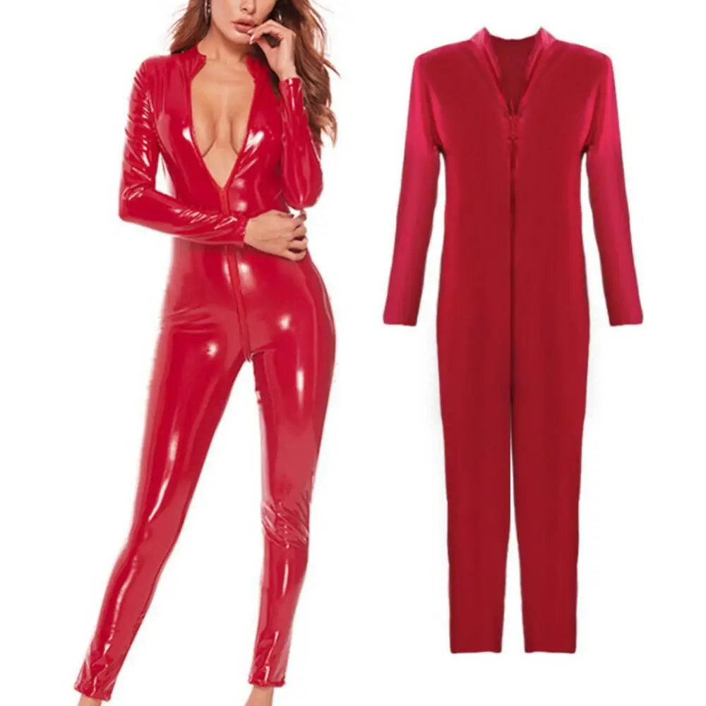 

Sexy Stage Dance Party Jumpsuit Women Solid Color Zipper Glossy Faux Patent Leather Jumpsuit Bodysuit Tight Clubwear