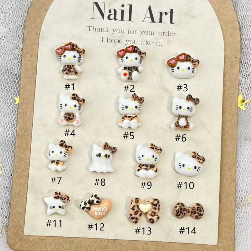 New Hot Sanrio Hello Kitty Shining Nail Art Cartoon 3d Leopard Print With Bow Series Girl Cute Diy Handmade Nail Accessories