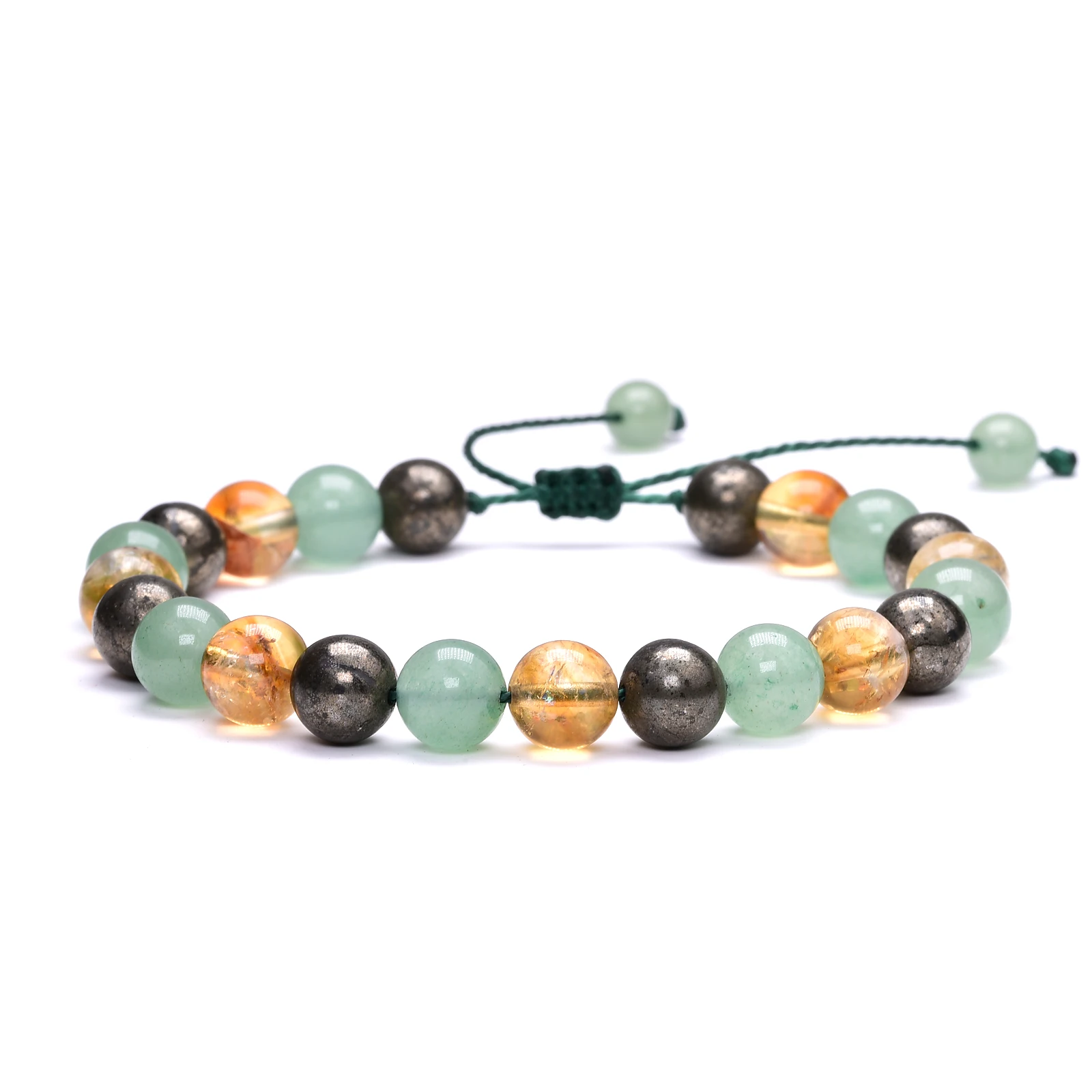 Money Wealth Success Natrual Pyrite Green Aventurine Citrine Bracelets for Men Women Wax Cord Waterproof Braided Adjustable 8mm