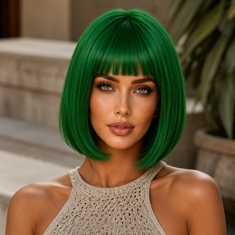 Women Short Synthetic Bob Wig 12 Inch Bright Green Smooth Straight Hair Wig with Flat Bangs Costume Daily Styling