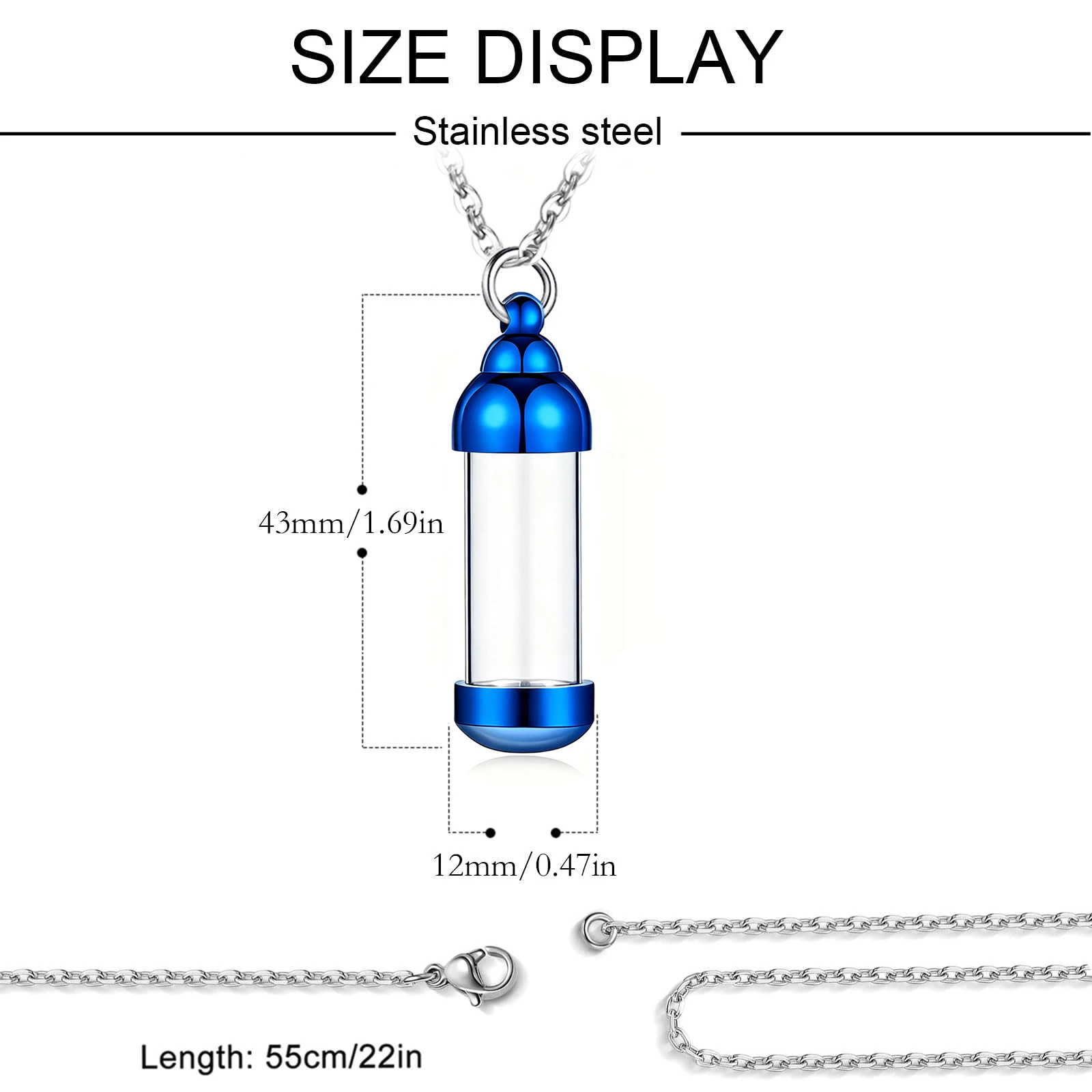 8 Color Stainless Steel Glass Cremation Urn Pendant, Ashes Holder Memorial Pendant Necklace with Chain, Keepsake Jewelry