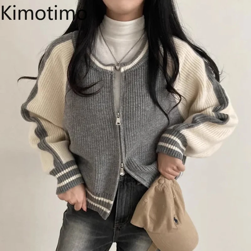 

Kimotimo Double Zippers Knitted Cardigan Women Autumn Winter Contrast Color Long Sleeve Sweater Coat Korean Casual Short Tops