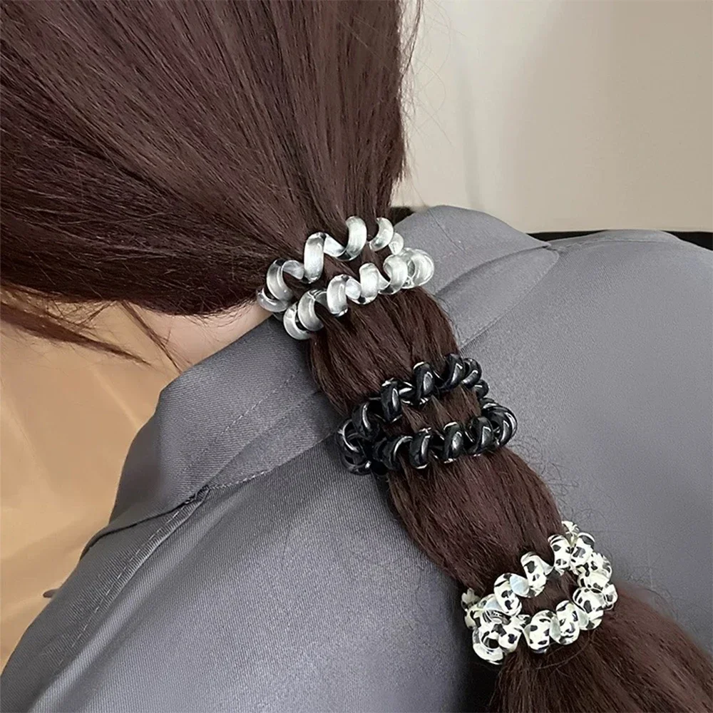 3pcs New Cord Spiral Hair Ties Black Dot Elastic Hair Bands Plastic Rubber Telephone Cord Scrunchies Hair Accessories Headwear