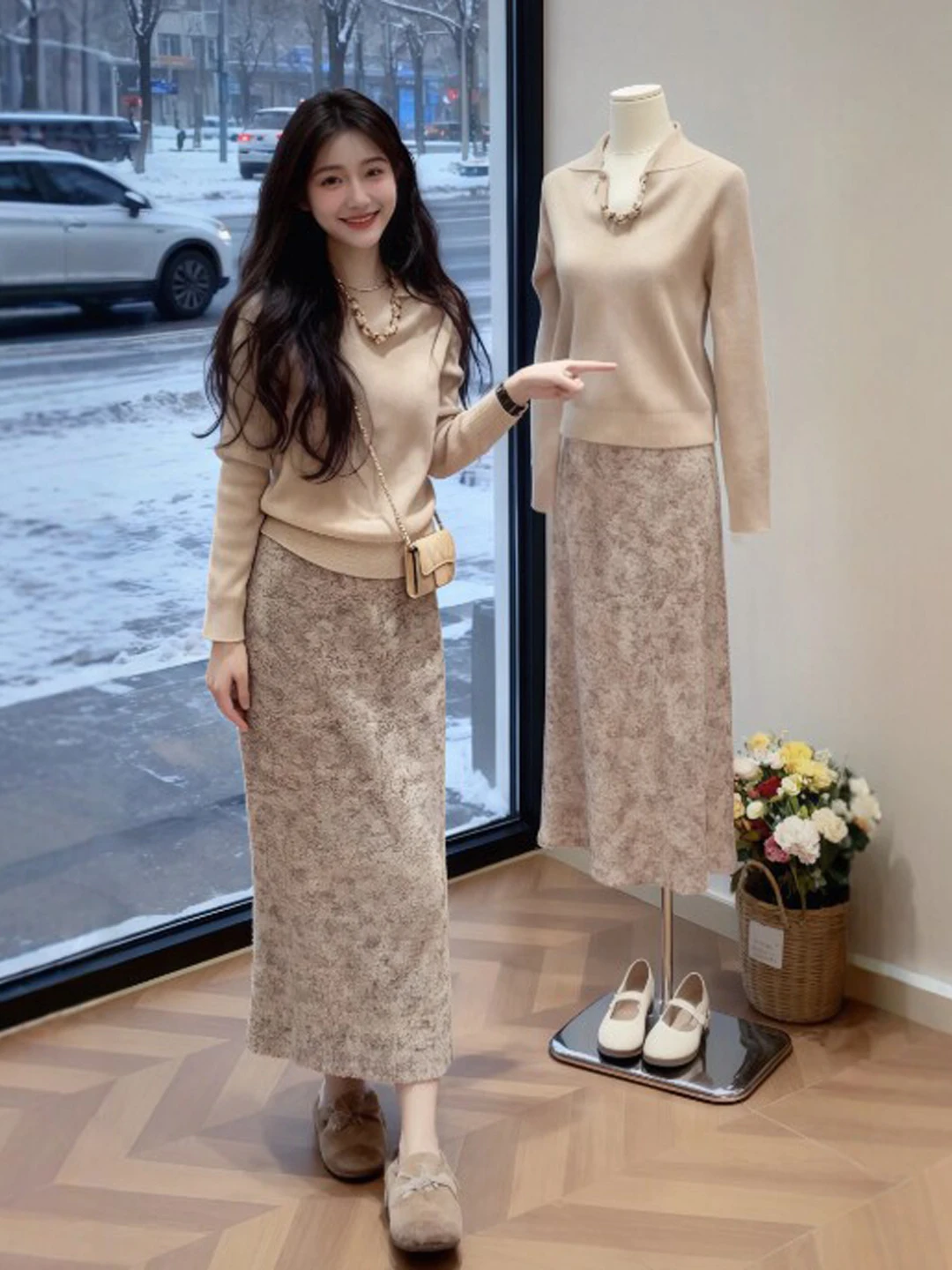 

Retro Unique Knitted Sweater Skirt Set Anti-Aging Whole Outfit OOTD Winter Collection Comfortable Warm High Waist Long Sve