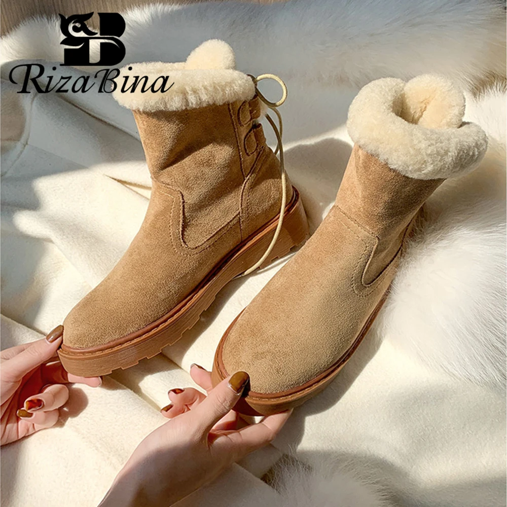 

RIZABINA Women Winter Snow Boots Cow Suede Lace Up Waterproof Plush Mid-calf Boots Warm Wool Lined Non-slip Platform Warm Shoes