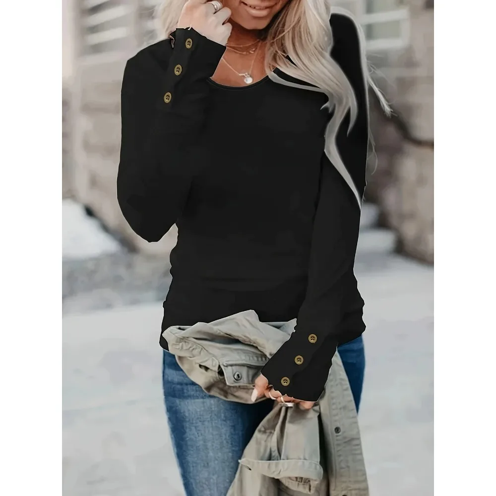 Camiseta informal de talla grande para mujer, cuello redondo, manga larga, decoración con botones, perfecta para todas las estaciones
