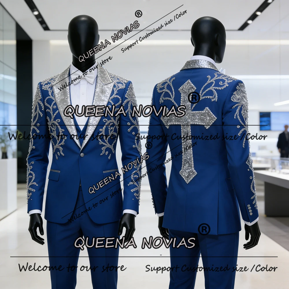 

Handsome Suits Men For Wedding Sparkly Sequins Lable Prom Blazers Customized Crystals Beaded Groom Tuxedos Plus Size Man Attire