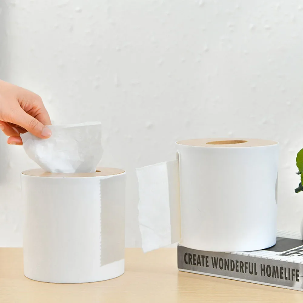 Plastic Tissue Box Round Toilet Tissue Dispenser Paper Roll Holder Napkin Organizer with Bamboo Lid for Bathroom Bedroom Office