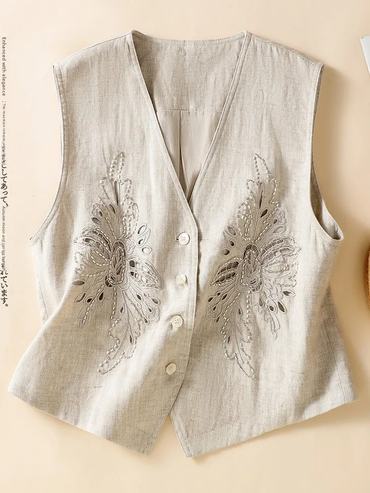 Unique Beautiful Embroidered Cotton Linen Hollow out Beaded Vest Women Summer Casual Loose Fit V-Neck Light Weight Top