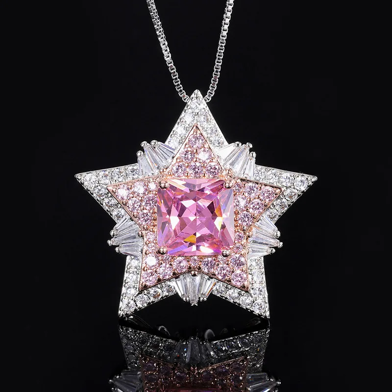 2026 Dynamic Star Flower Pink High Carbon Diamond Pendant Necklace Women Jewelry Charms Wedding Gift for Guest Trendy Streetwear