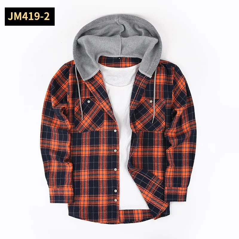 Loose Casual Flannel Long Sleeve Hooded Plaid Shirt for Men Brushed Shirt