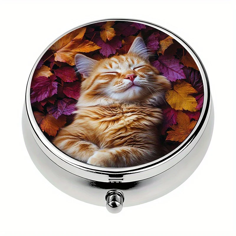 Single pack, mini pill box with 3 compartments, ginger-yellow cat-shaped mini pill box, decorative metal portable medicine and vitamin storage box, decorative metal container for storing medicine and vitamins