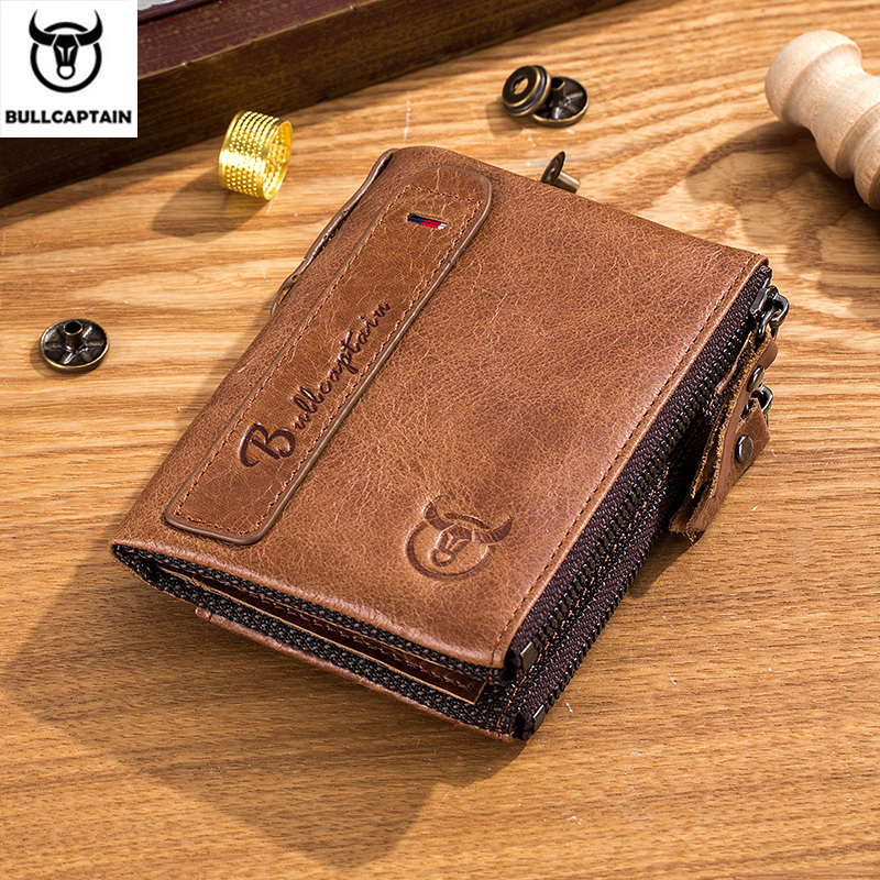  BULLCAPTAIN Vintage Fashion Men's Wallet Gift Leather Zipper Buckle Card Holder Coin Purse PORTFOLIO Portomonee Men's Wallet 