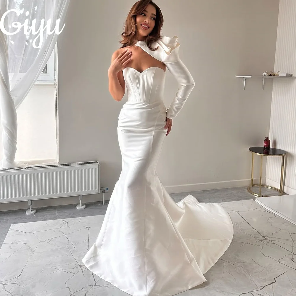 

Giyu Elegant Satin Mermaid Wedding Dress One Long Sleeve Pleat Floor-Length Customized Bridal Gown Court Train vestidos de novia