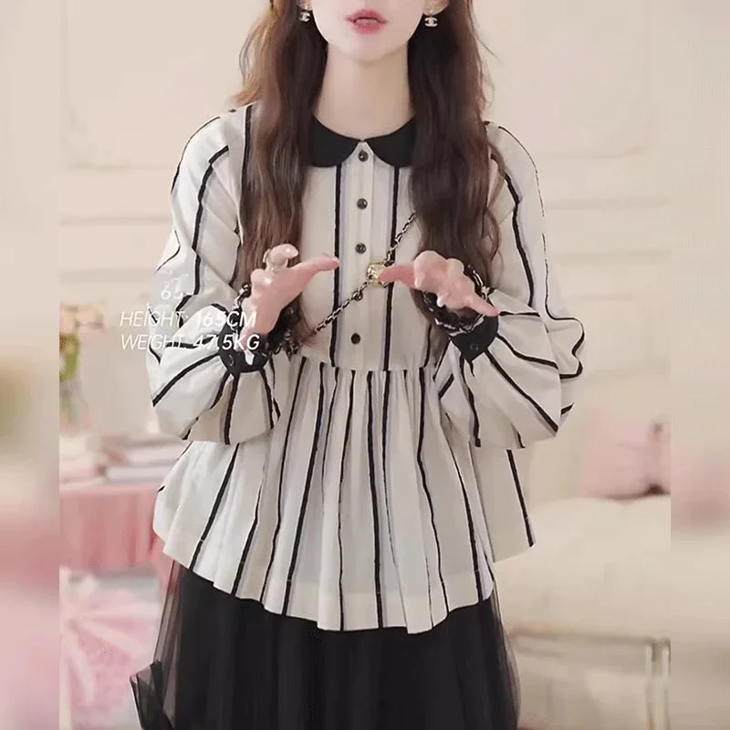 Baby Doll Collar Striped Shirt Women's New Long-sleeved Lace Slimming Temperament