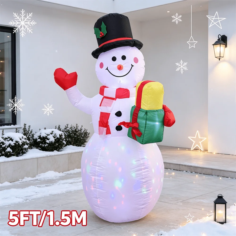 5FT Inflatable Toy Christmas Snowman with Top Hat Holding Gift Box Build-in Color LED Light Outdoor Holiday Yard Decoration view 5
