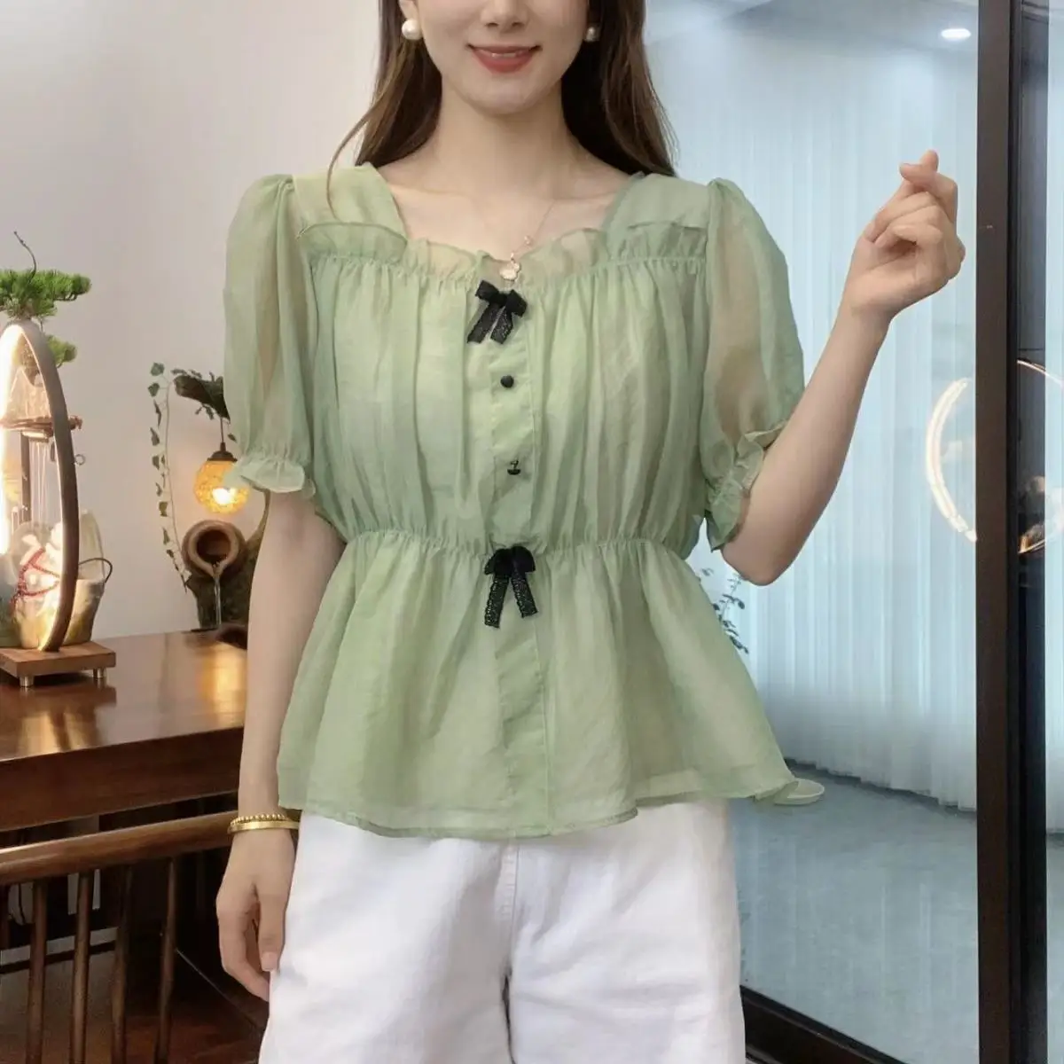 Summer Outfit New Chiffon Shirt with Fashion Short Sleeve Top Lish Age Reducing Waist Cinching Slim Versatile Small Shirt