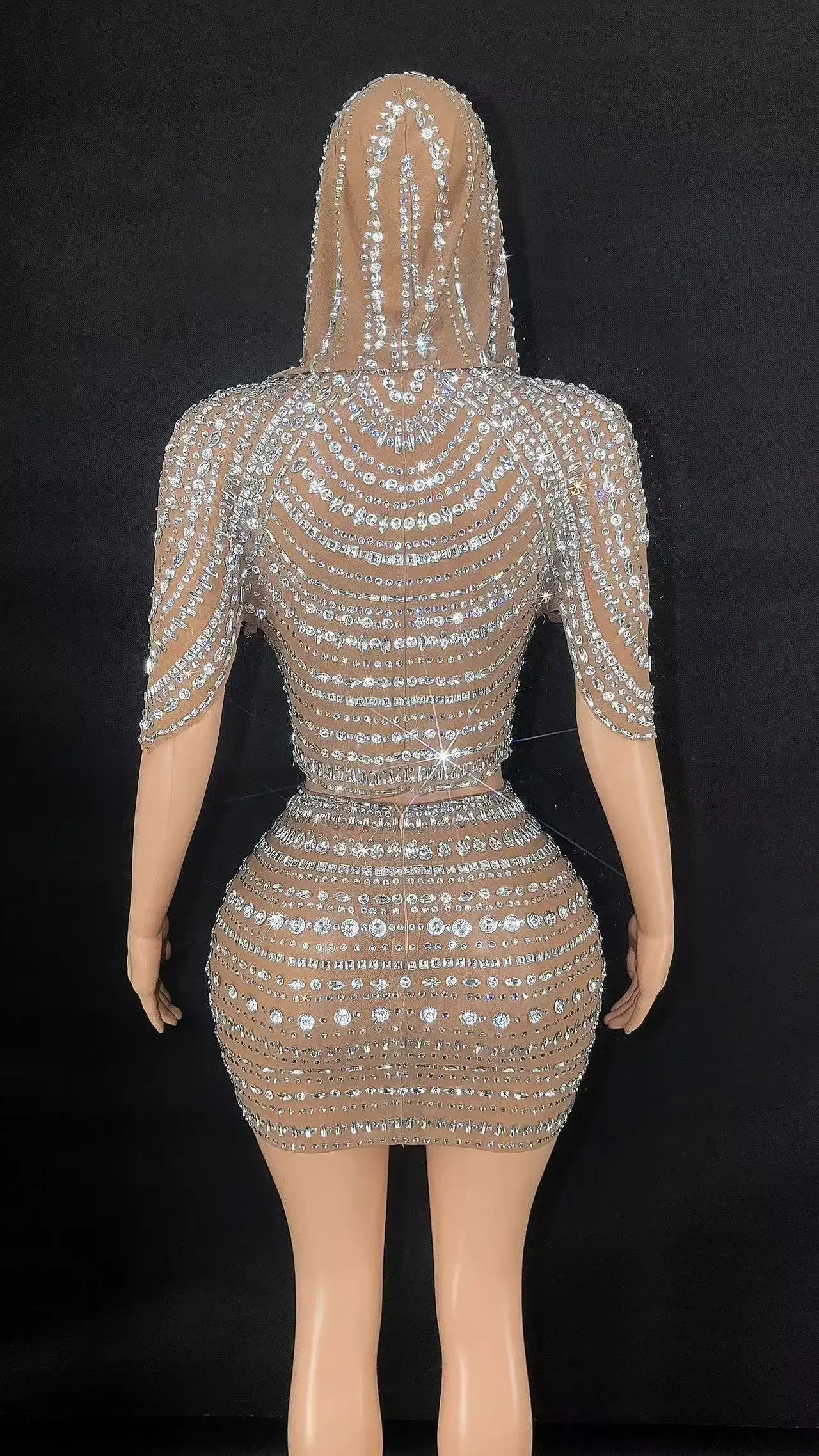 Women's Crystal Embellished Mesh See-through Bodycon Mini Dress for Birthday Party Performance Sexy Celebrate Costume