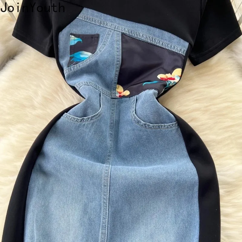 Summer Y2k Dresses for Women\'s O Neck Half Sleeve Casual Korean Femme Robe High Waist Slim Fit Patchwork Denim Fashion Dress