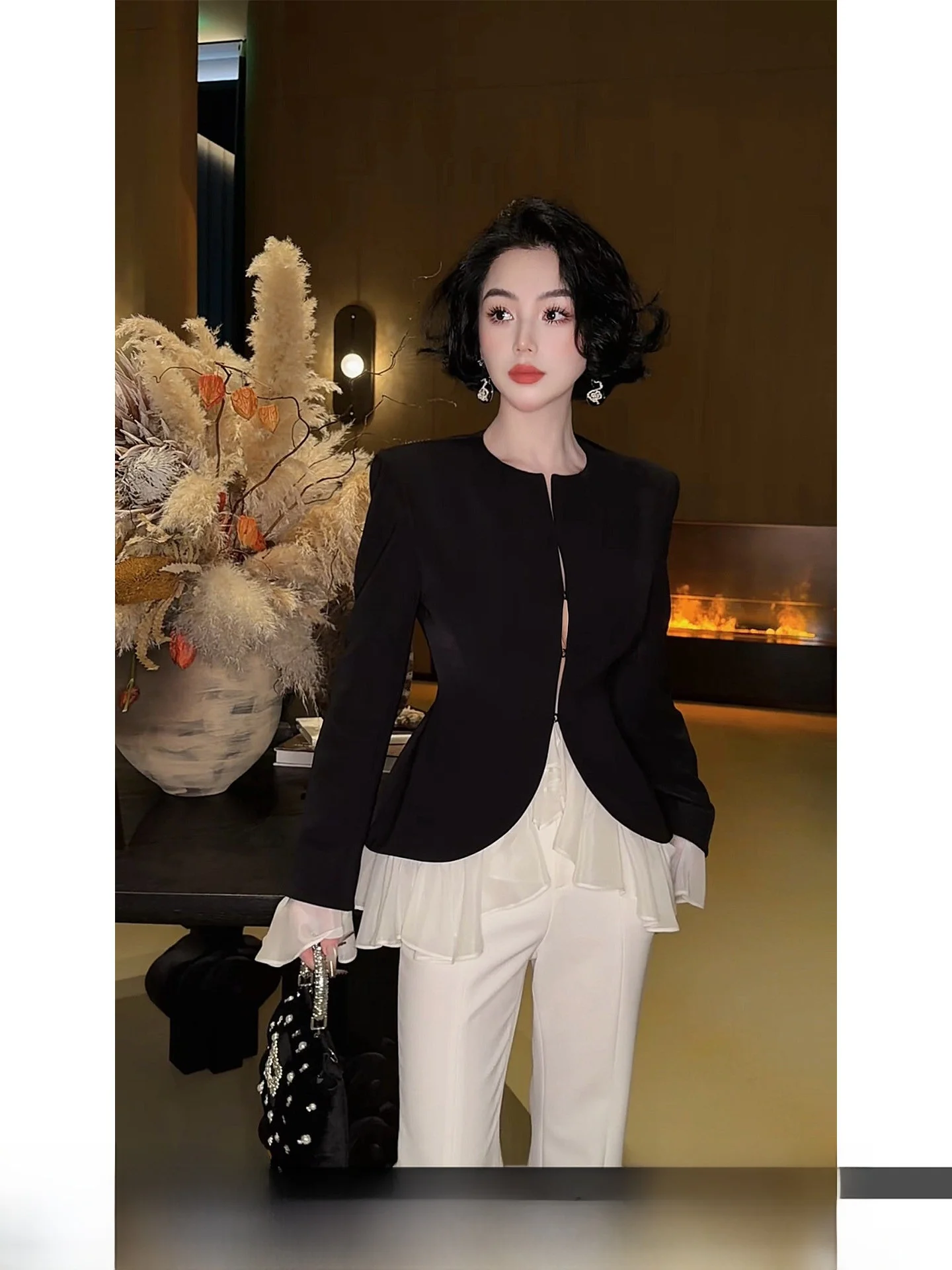 

LYXJ Французский стиль: Новинка ранней весны – черно-белый комбинированный пиджак, повседневный, приталенный, из полиэфирного волокна, с длинными рукавами, короткое пальто