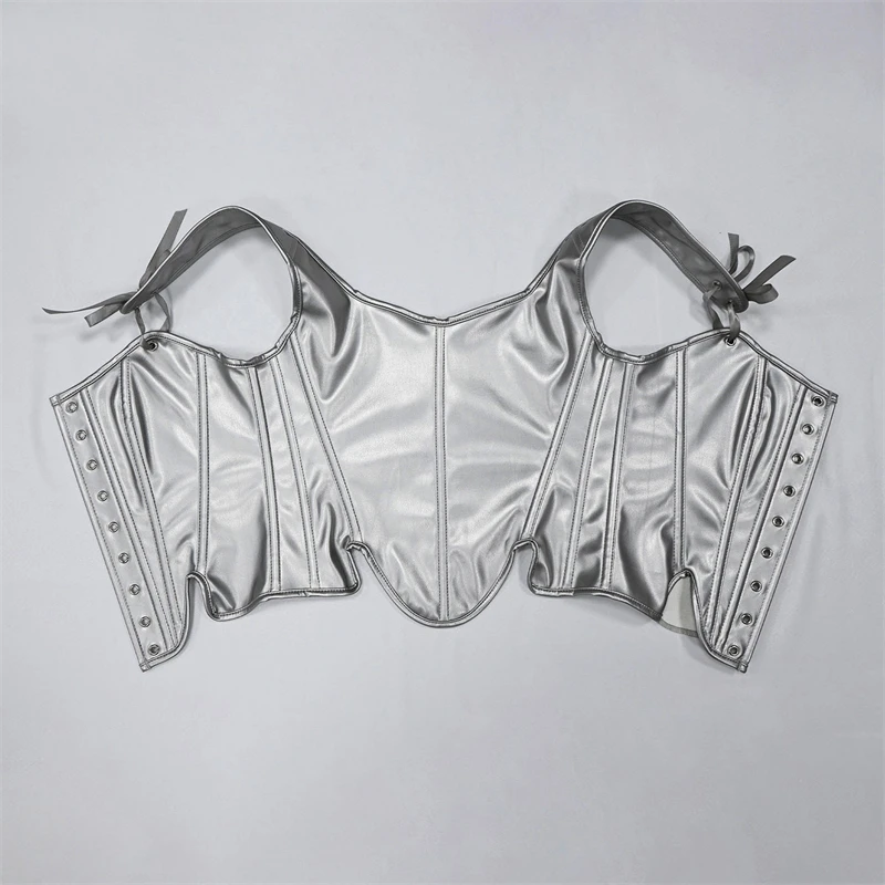 Women Silver PU Leather Corset Top Vintage Vest Female Front Lace Up Corselet Camis Punk Goth Clothing Sexy Korsett Streetwear view 4