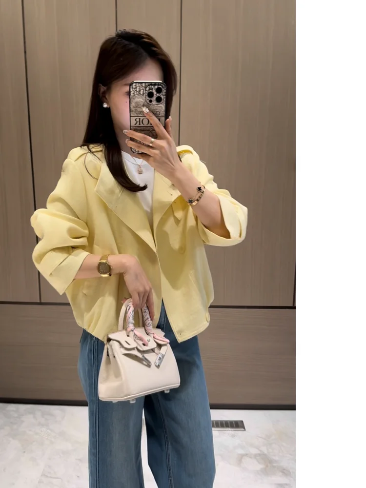 Xuanxuanchen Ladies Casual Style Short Coat Double Row Buttons Fashionable Turn-down Collar Spring Summer Top Women's Wear