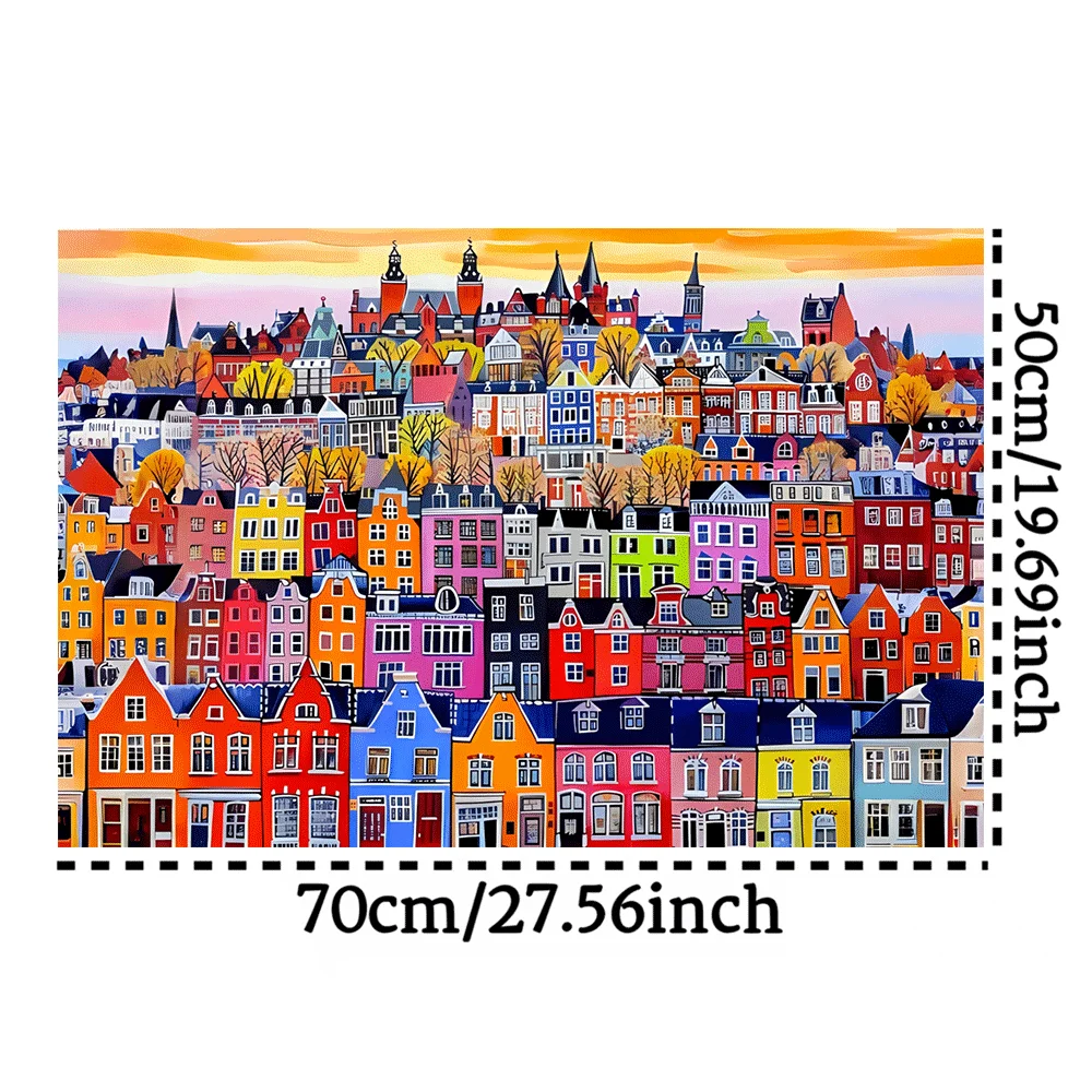 1000 stuks puzzel voor volwassenen - levendig stadsgezicht met kleurrijke gebouwen en herfstbomen, grote familieactiviteit, hersenen