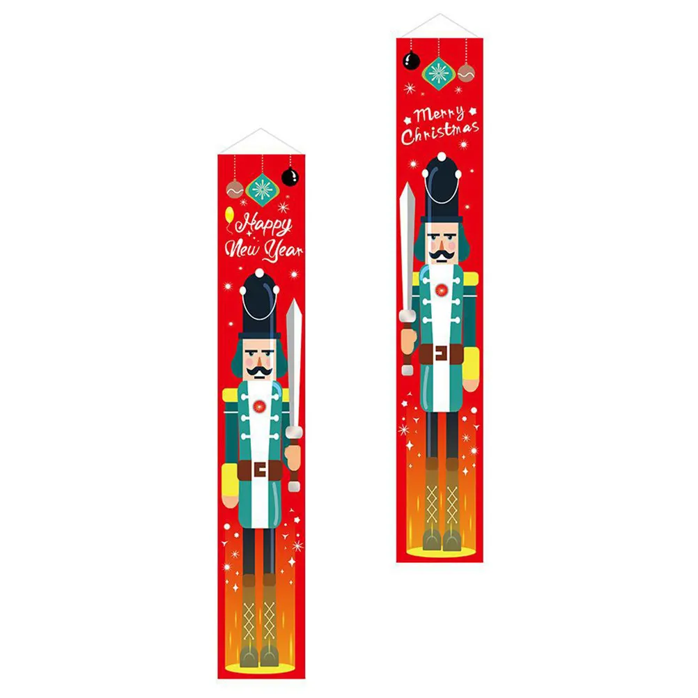 1Pair Christmas Door Banner Merry Christmas Cartoon Design Outdoor Front Porch Sign Party Welcome Sign Hanging Banner