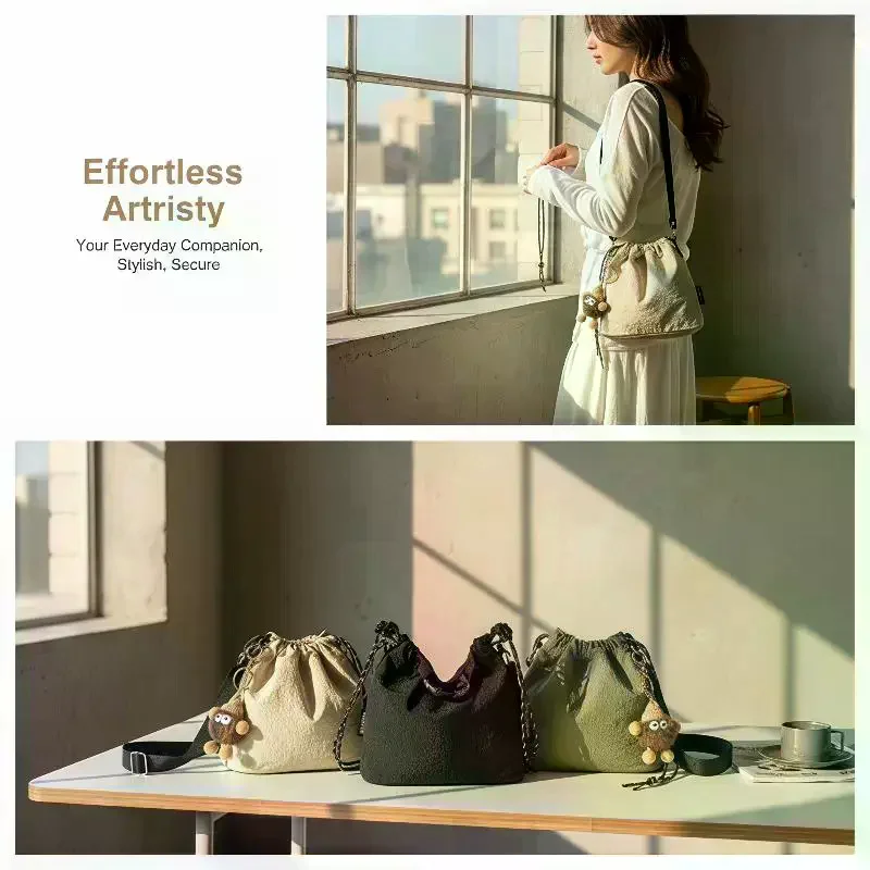 Nylon Drawstring Crossbody Bag With Cute Plush Charm Adjustable Strap For Daily Shopping Travel - view 5