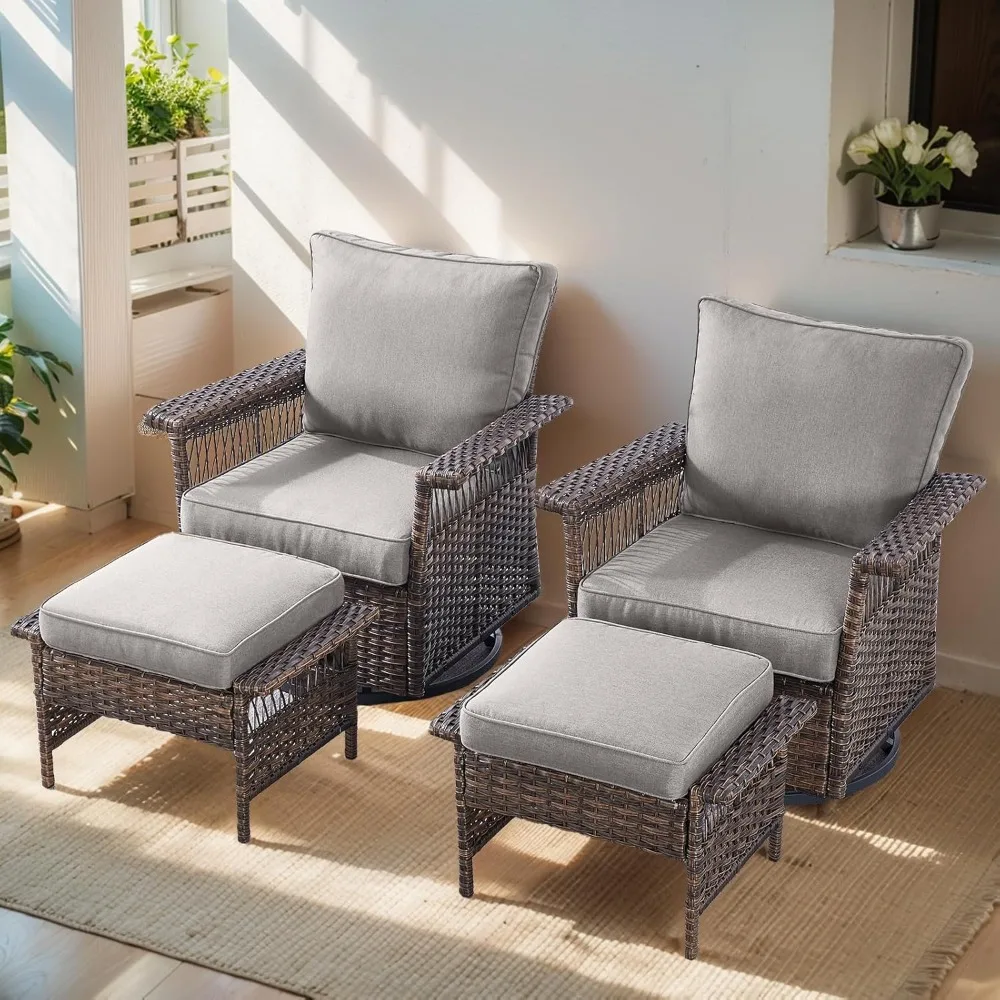 

Beach Chairs, Patio Furniture Set 2 Wicker Swivel Glider Chairs with 2 PE Rattan Ottomans Brown Wicker Grey, Beach Chairs