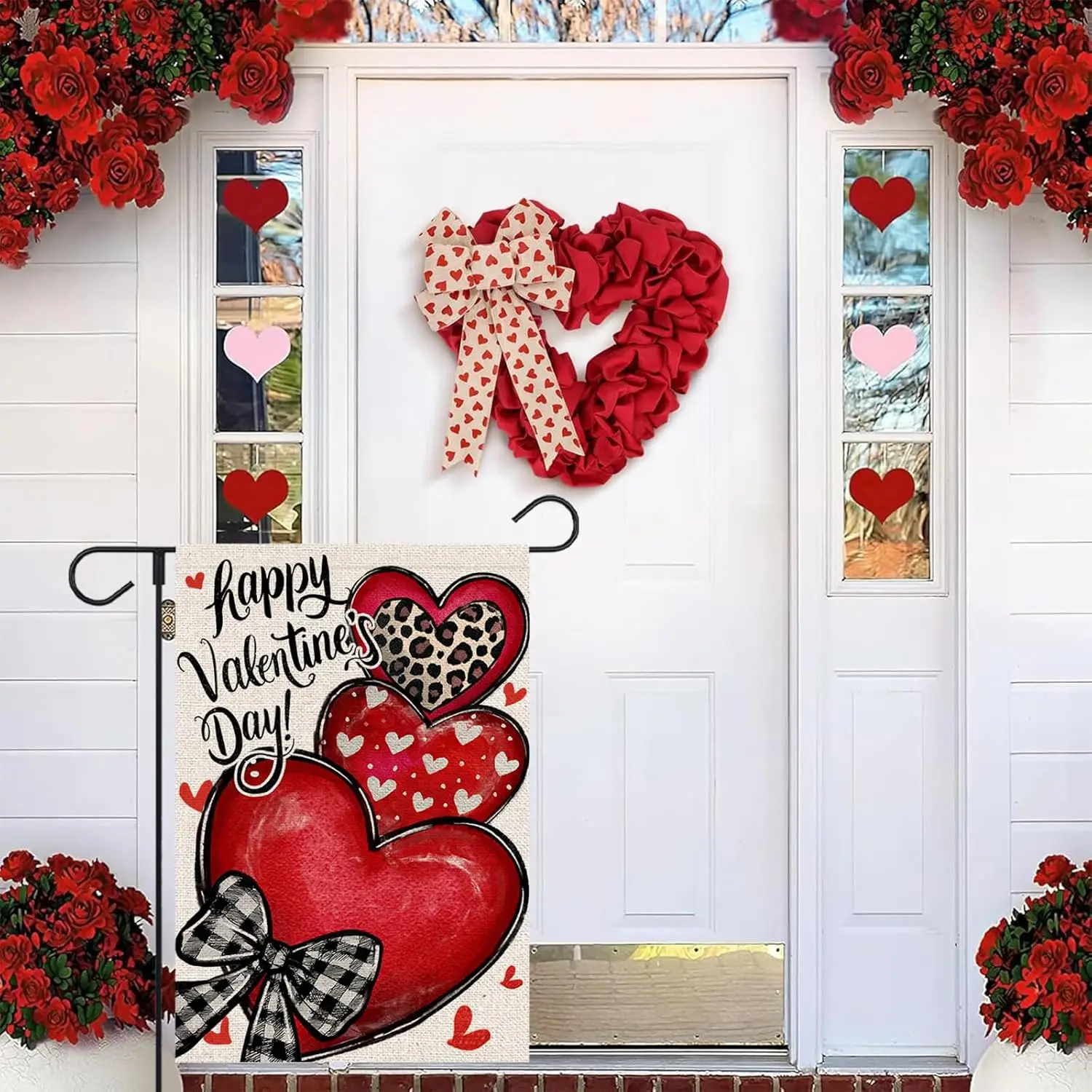 Happy Valentines Day Garden Flag 12x18 Inch Double Sided Love Hearts Bow Outside Decorative Burlap Flag for Holiday Yard Out EEZ