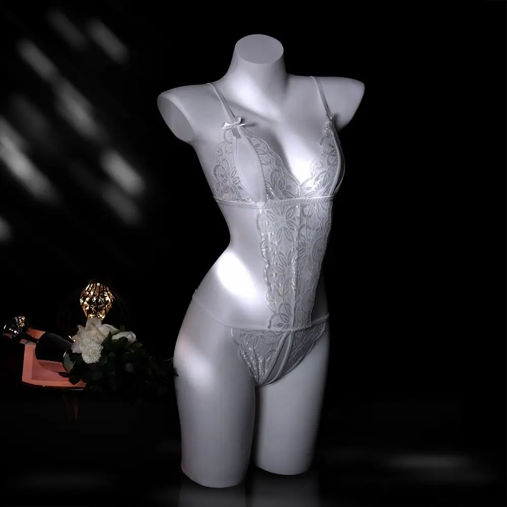 

Deep V Neck Lace Bow Bodysuit Mesh Hollow Transparent Women Lingerie Jumpsuits Sleeveless Lace Sling Nightwear Home