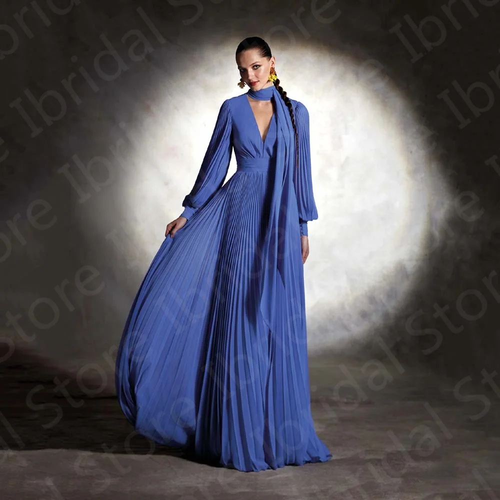 

Charming Boho Blue Mother of the Bride Dress Chiffon Long Sleeves Dresses High Neck Wedding Party Gowns Pleating Bottom