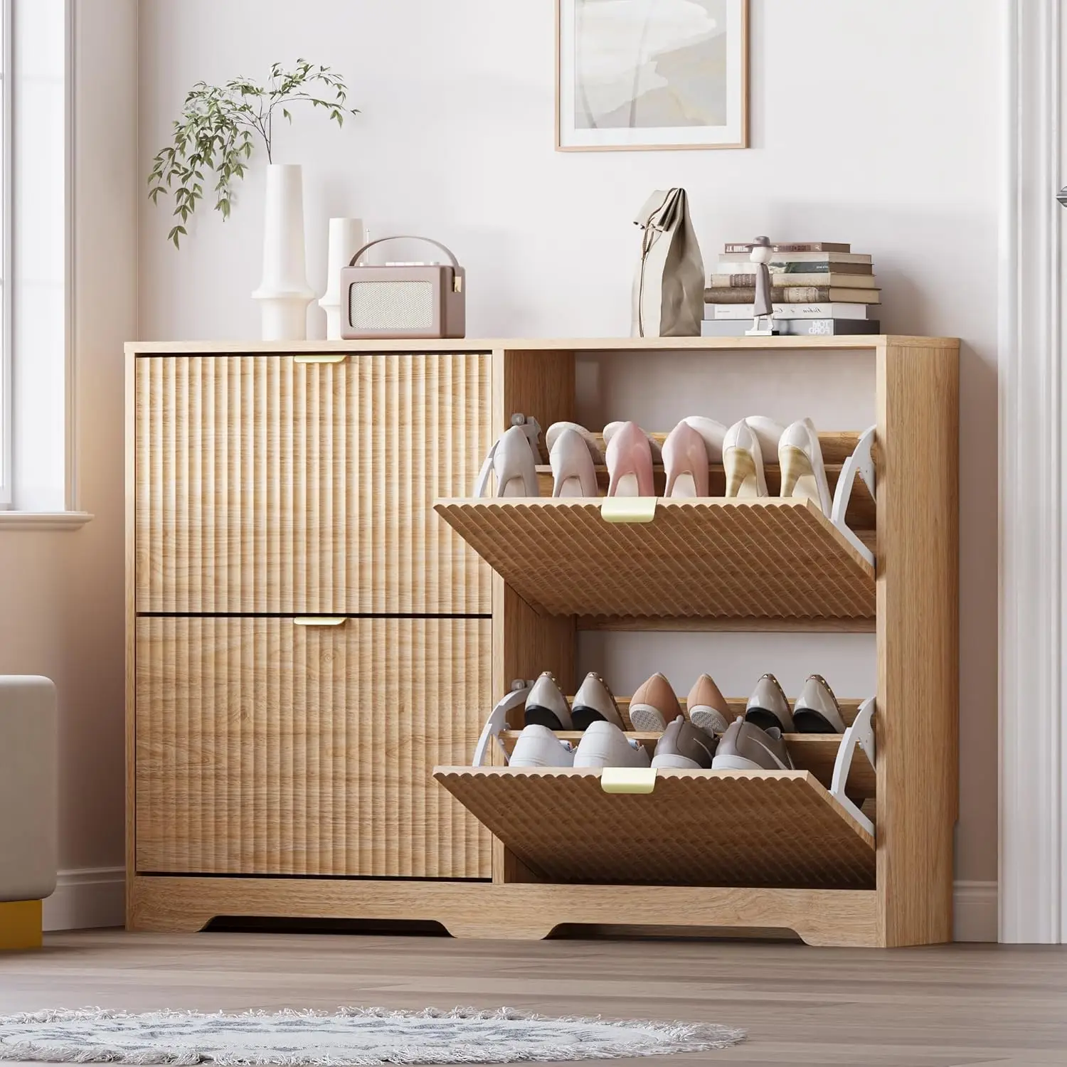 Large Shoe Cabinet for Entryway, Shoe Rack Cabinet with 4 Flip Drawer and Adjustable Shelves for Small Apartment
