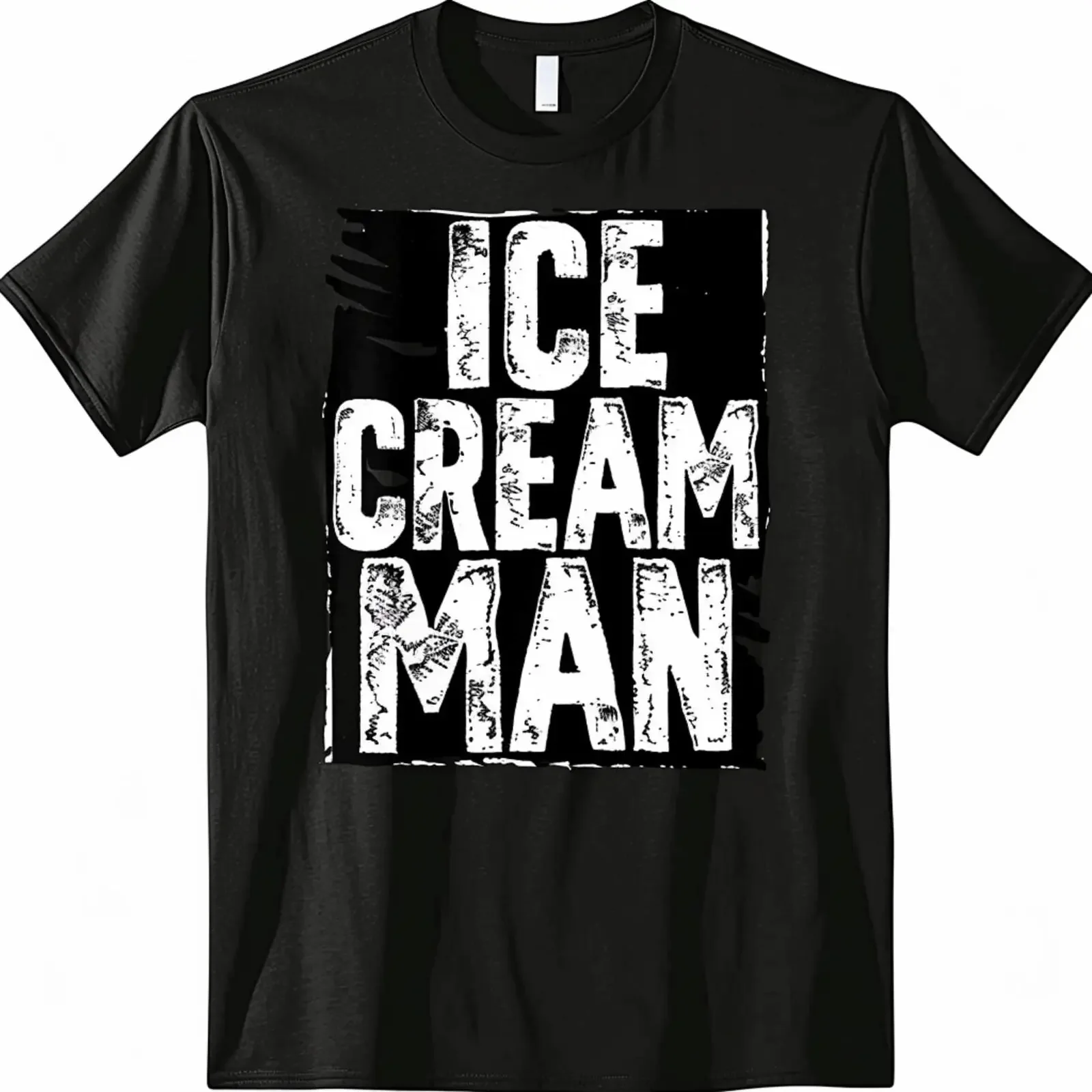 Vintage Ice Cream Man Graphic Black TShirt Retro Style Tee with White Text