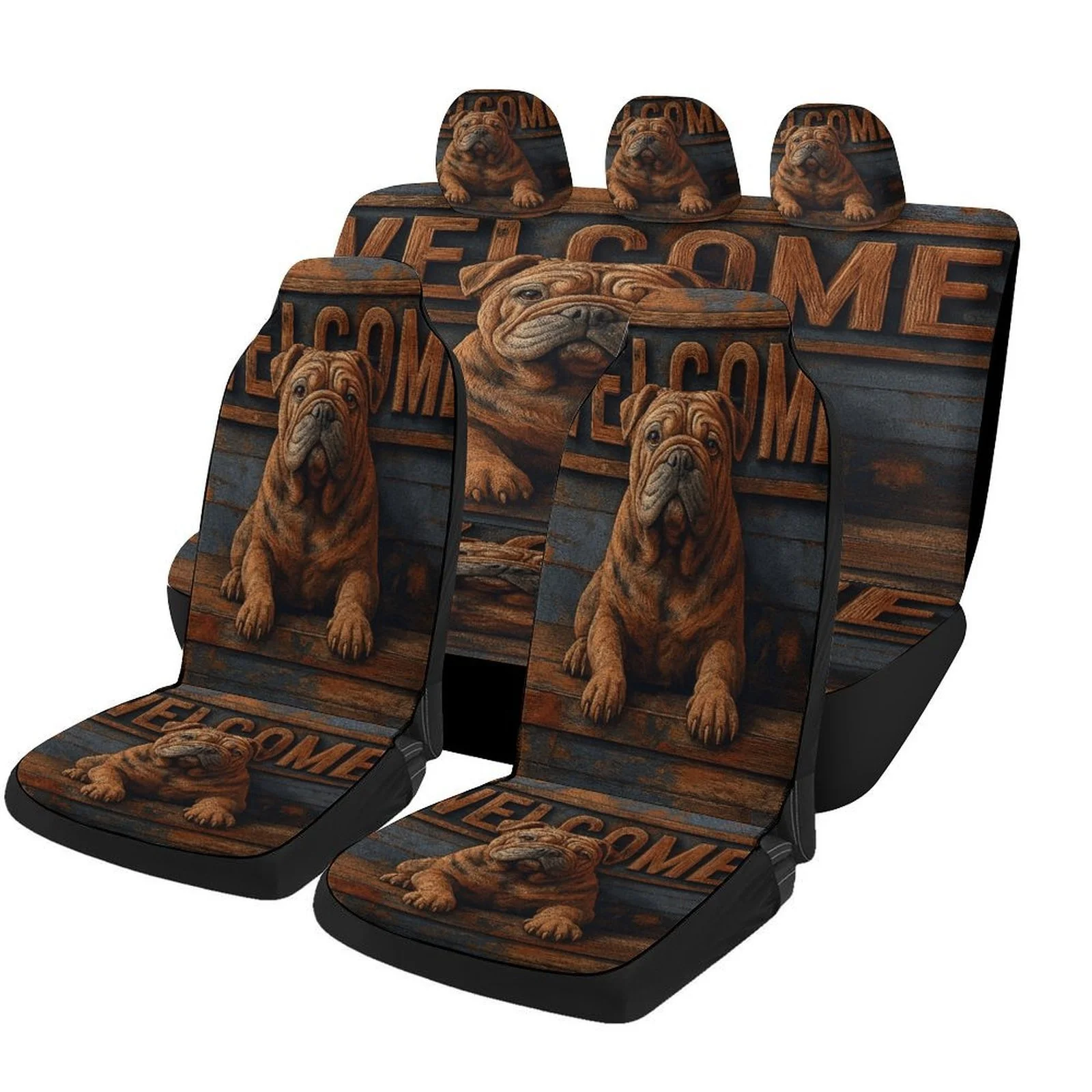 Bulldog Welcome Sign Designed Car Seat Cover Set For Most Cars, Trendy Novelty High-quality Car Seat Protector Covers Full Set,