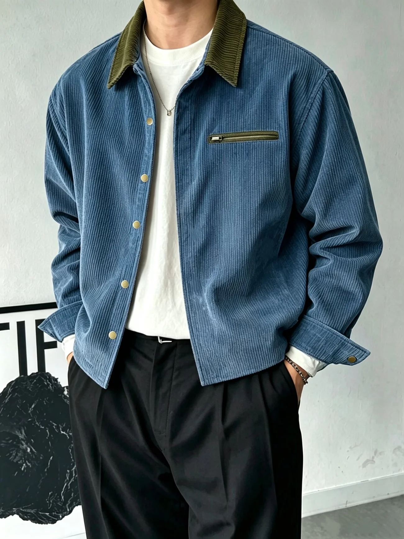 Vintage Men Corduroy Jacket Contrast Lapel Long Sleeve Loose Fit Zipper Pocket Casual Streetwear Outer Coats