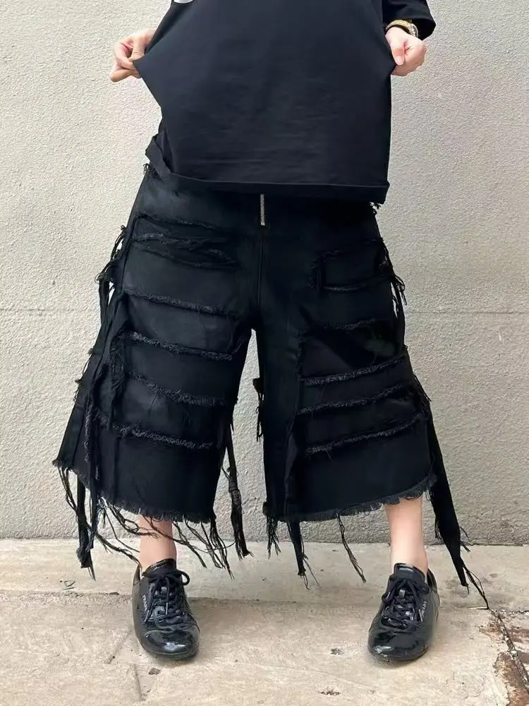 Y2k الأمريكية الرجعية الشرير شرابة الجينز الأسود الرجال والنساء الصيف الاتجاه الجديد موضة الشارع الشهير عادية فضفاض واسعة الساق الجينز