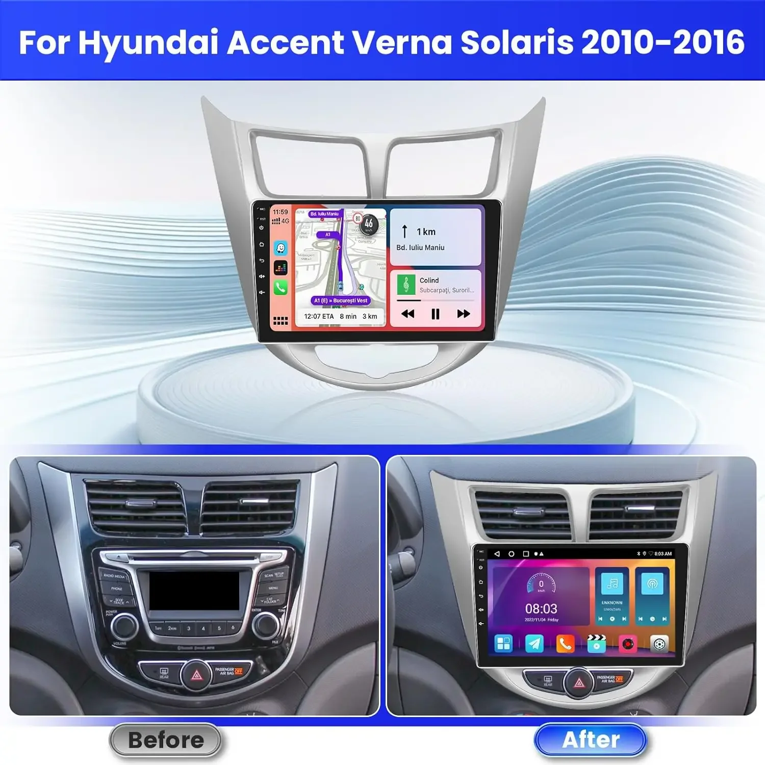 

9Inch Android 13 Car Stereo Radio Carplay GPS 2+32G Compatible for Hyundai Accent Verna Solaris 2011-2019 Car Multimedia Player