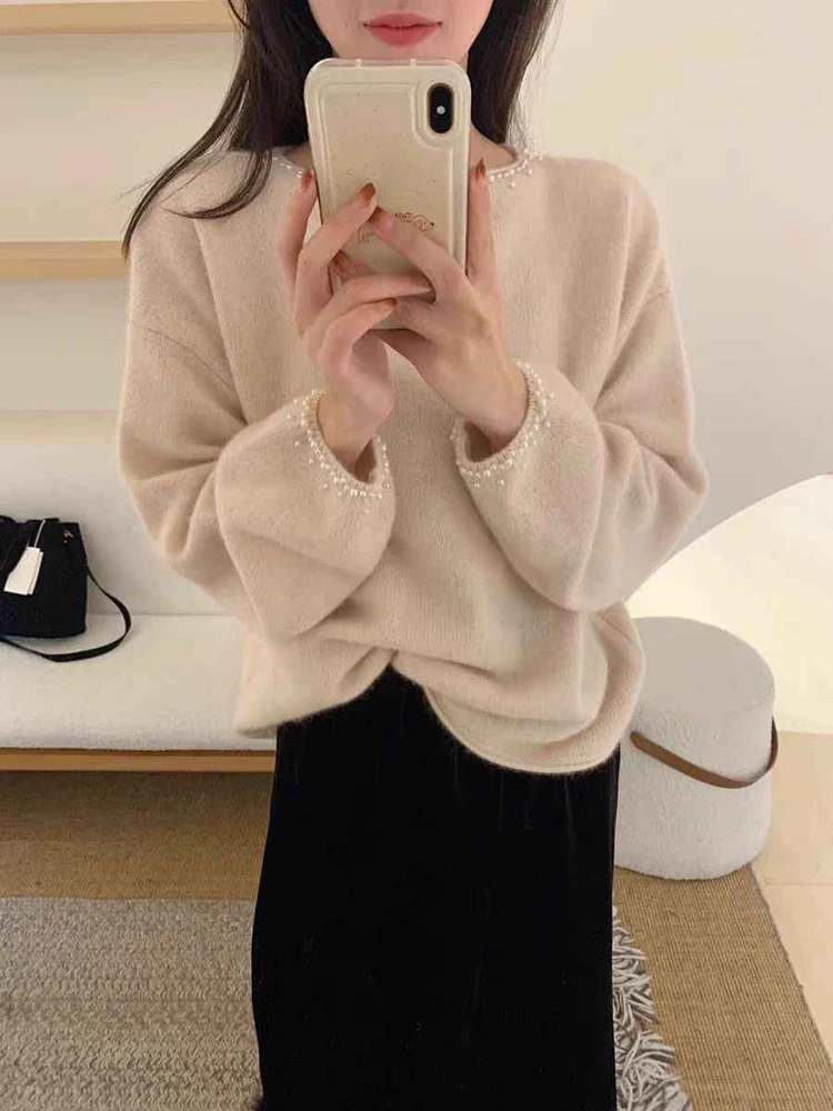 French Grey Knitted Sweater Women's Autumn Winter Solid Long Sleeved Warm Sweaters Trend Nail Bead Loose Round Neck Pullover