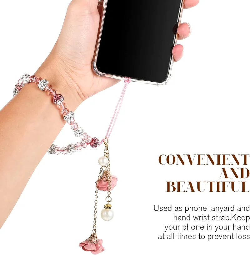 Cell Phone Charm Straps Creative Romantic Crystal Flower Non- Slip Phone Lanyard Cute Pocket Keychain Strap for Car Key Purse