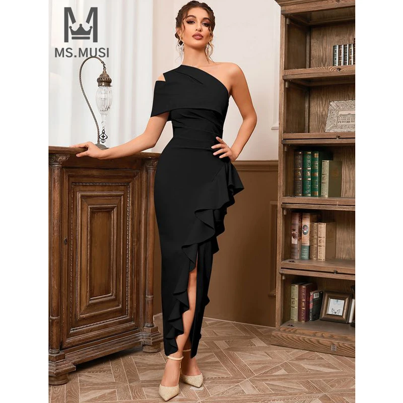 

MSMUSI 2024 New Fashion Women Sexy One Shoulder Off The Shoulder Draped Ruffles Bodycon Party Event Slit Maxi Dress Long Gown