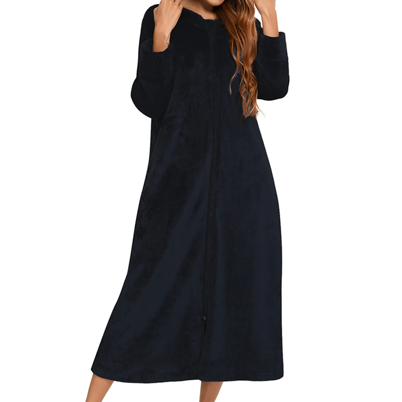 Winter Long Fleece Bathrobes Sleepwear Women\'s New Solid Color Zipper Bath Robe Dressing Gown Autumn Warm Hooded Home Wear