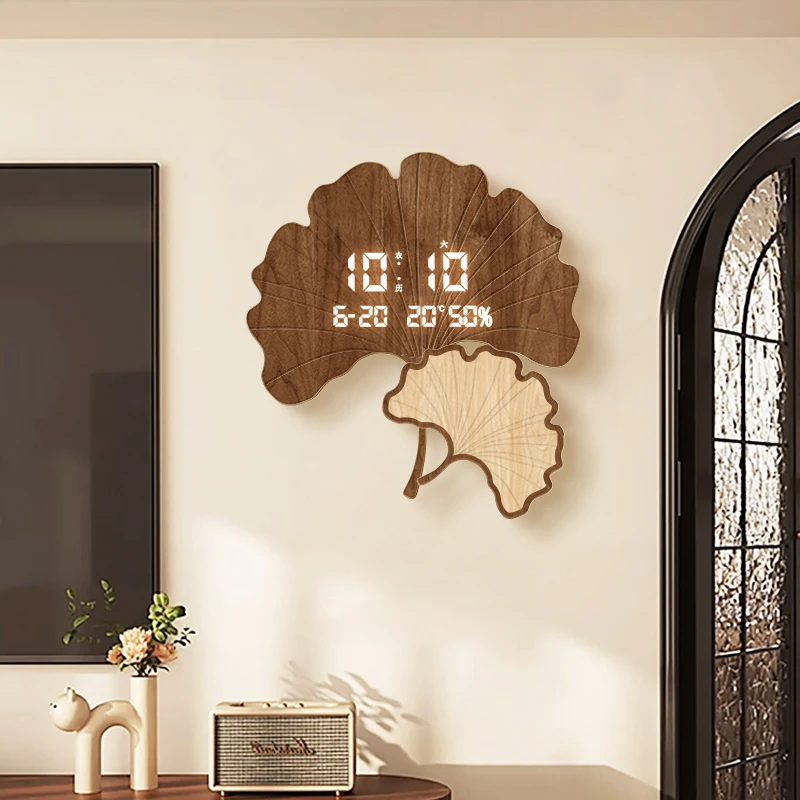 

Walnut Wall Clock with Ginkgo Leaf Digital Silent Calendar Clock for Living Room Modern LED Display Vintage Home Decor