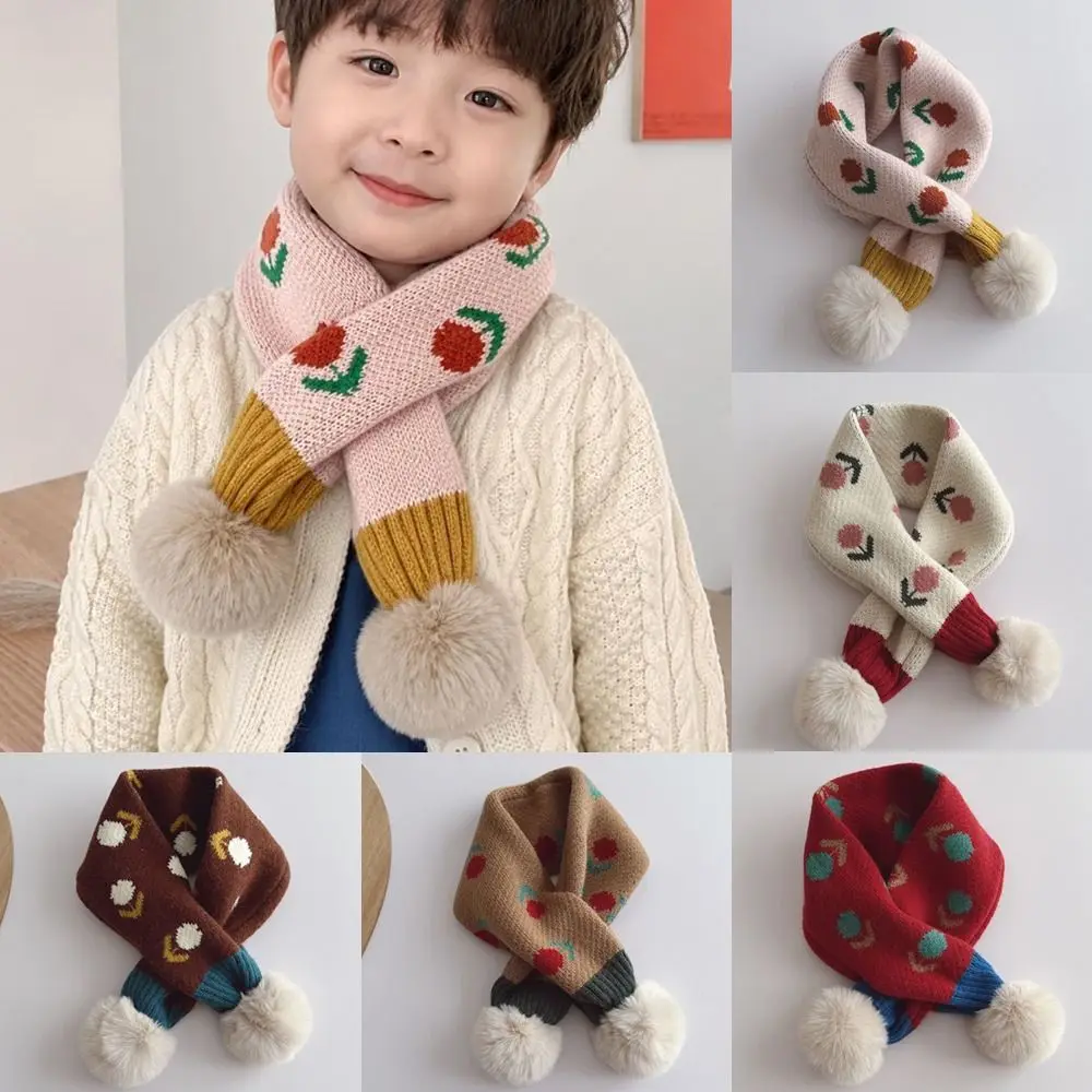 Jacquard Pattern Children Knitted Scarf Flower Print Pompon Kids Winter Neckerchief Thick Windproof Baby Girls Scarf