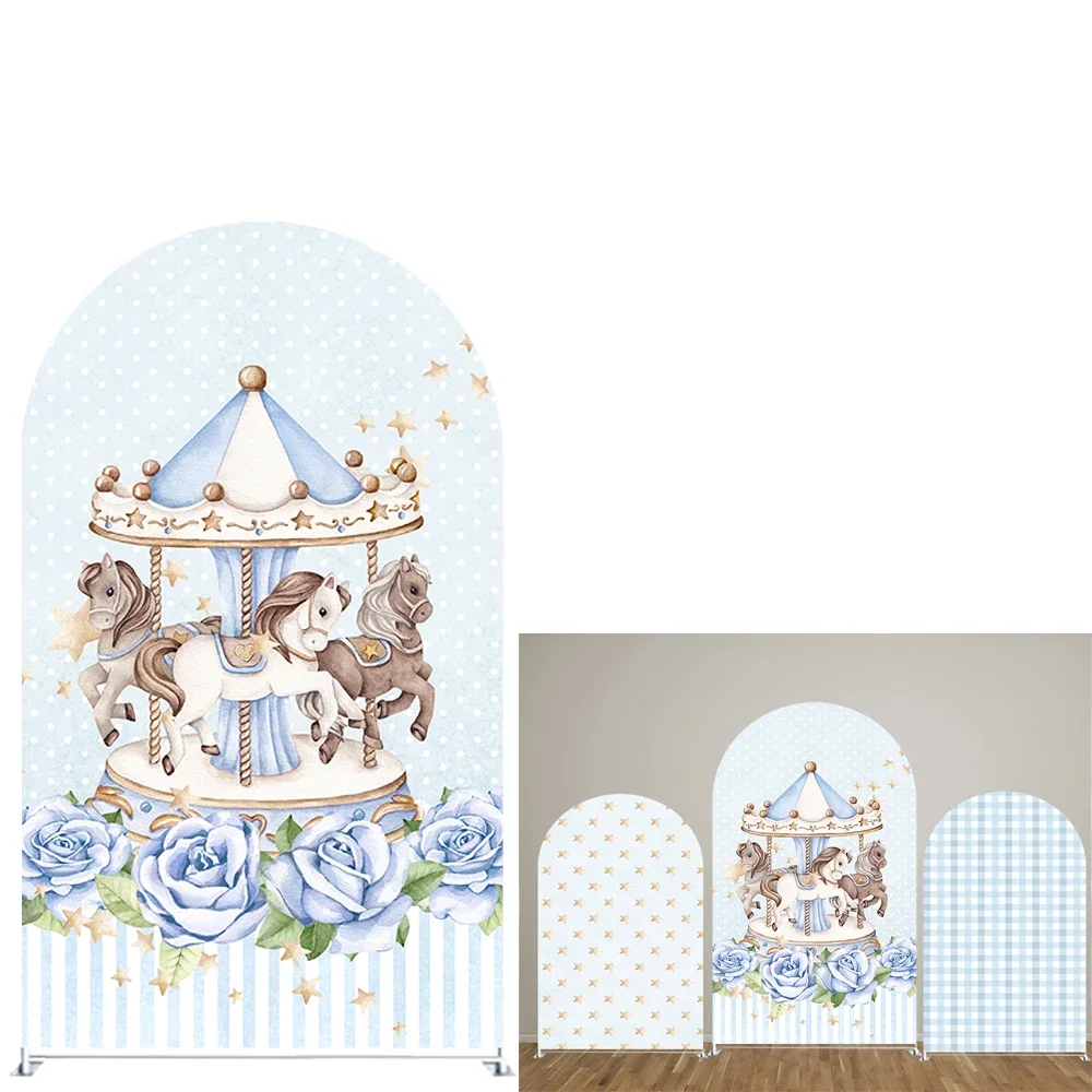 Boy Theme Blue Carousel Pattern Arch Backdrop Covers for Parties, Arched Panels Baby Shower Birthday Party Decoration Props