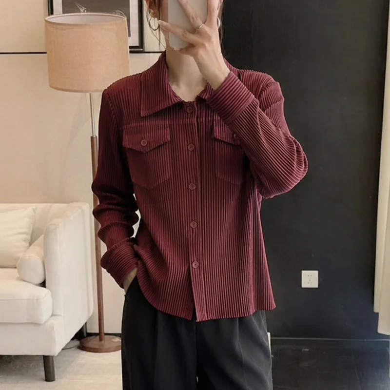 YUDX Miyake Pleated Shacket Women Black Long Sleeve Buttoned Pockets 2026 Spring Autumn Classic Versatile Modern Wardrobe Staple