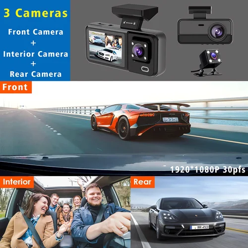 Imagen 2 del producto Cámara de salpicadero de 3 canales para coche, grabadora de vídeo de 1080P, aplicación WIFI, cámara de salpicadero DVR para coche, cámara de visión delantera y trasera, accesorio de visión nocturna para coche