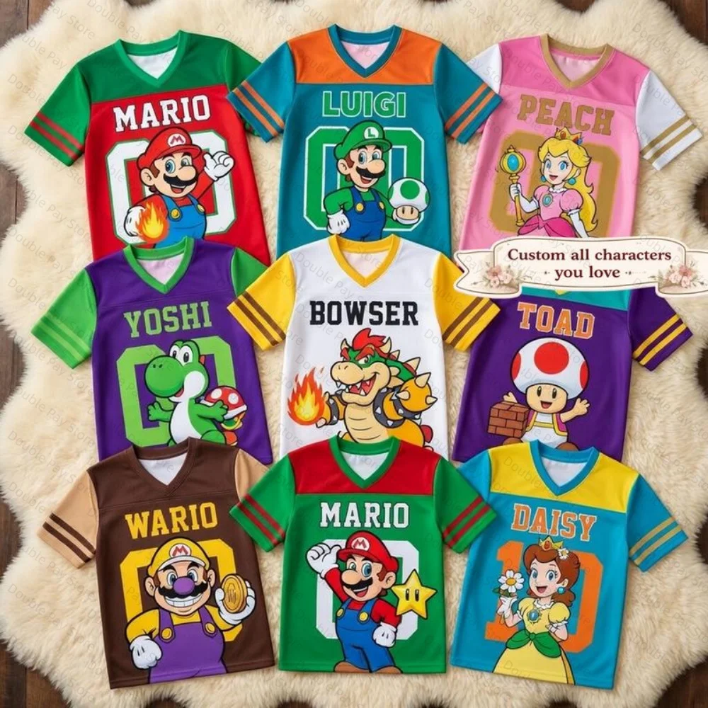 Camiseta para niños de Mario, Luigi, Peach, Bowser, Yoshi, Toad, Wario, con estampado 3D de personajes de videojuegos, manga corta, informal, para niños y adultos.